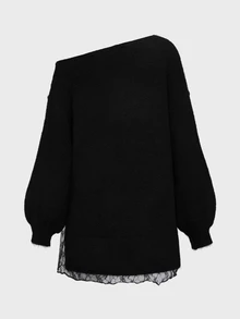 LUMIGAL Women's Fall Black Fuzzy Sweater Dress, Cold Shoulder Loose Long Sleeve Lace Hem Pullover, Suitable For Dating, Street Style Sexy Night Out Date Night - Black - View 6