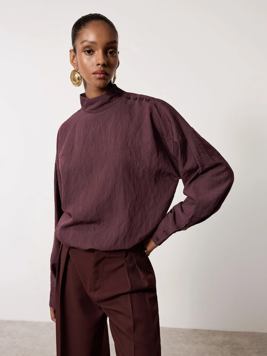MERLEAU Women's Modern Stand Collar Shoulder Button Design Long Sleeve Shirt - Brown - View 1