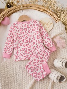SHEIN 新生兒豹紋長袖上衣與長褲休閒日常居家睡衣套裝 - 粉色 - 查看 4