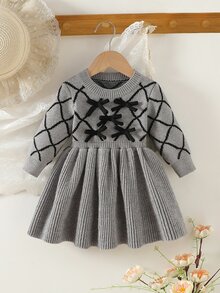 SHEIN 女嬰針織套頭圓領長袖洋裝，舒適秋/冬款，灰色優雅淑女風，手工蝴蝶結，工藝精良，時尚百搭，適合日常穿著、外出、旅行與上學 - 灰色 - 查看 3