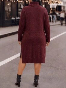 EMERY ROSE فستان كنزة شتوي للنساء بمقاسات كبيرة بياقة عالية وتصميم كابل ملتوي وحافة مشقوقة بطراز عتيق - عنابي اللون - مشاهدة 2