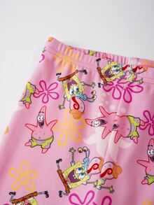 SpongeBob SquarePants | SHEIN Baby Girl Cartoon Print Short Sleeve Top And Long Pants Casual Daily Home Sleepwear Set - White - View 6