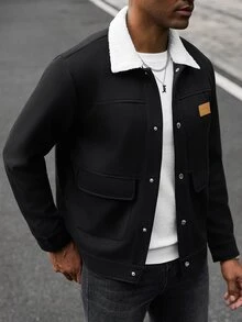 Manfinity CasualCool 男士 Ins 熱銷黑色混紡羊毛拼接白領皮革標裝飾成熟風羊毛大衣，送給爸爸、男友、丈夫的萬聖節、聖誕節、新年禮物 - 彩色 - 查看 3
