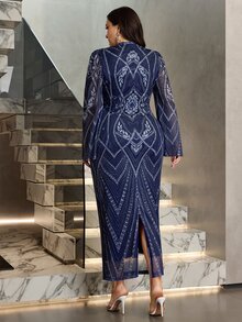 Modelyn Women's Flared Sleeve Fitted Pattern Elegant Party Dress, Plus Size, Autumn/Winter - Navy Blue - View 2