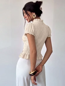 Firerie Lace-Up Hollow V-Neck Short Sleeve Top, Single-Breasted Ruched Waist Cropped Textured Sexy Romantic Elegant Blouse Brunch Date Brown Summer - Apricot - View 2
