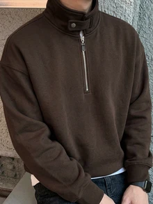 DAZY 男士純色 Polo 領可調節鈕扣設計套頭運動衫，秋冬季四分之一拉鍊男款 - 棕色 - 查看 3