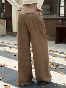 Muchica Women's New Brown Plaid Fold Waist Loose Long Pants - Brown - View 2
