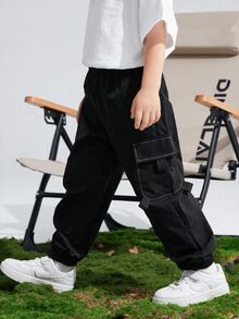 SHEIN 兒童青少年男孩休閒運動印花圖案貼袋寬鬆束口素色工裝褲，適合通勤、上學、日常休閒、度假旅行，適合運動，適穿春夏秋冬 - 彩色 - 查看 4