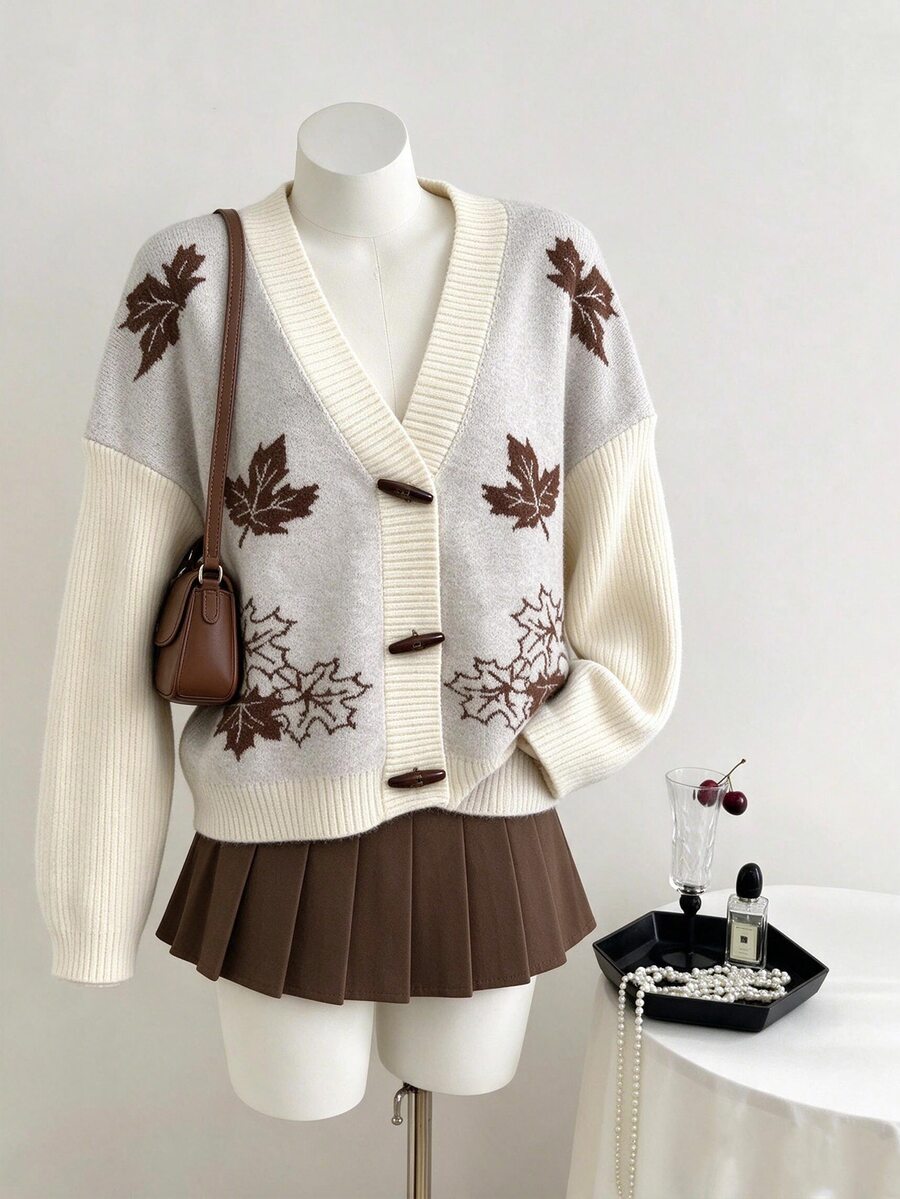 Elamini Women's Autumn/Winter Casual Youth Maple Leaf Jacquard Dropped Shoulder Patchwork Ribbed Cuff Knit Cardigan - Multicolor - View 1