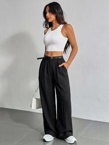 Solflare Plus Size Women's Pleated Pocket Straight Leg Loose Black Pants - Black - View 4