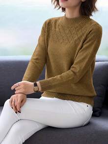 SHEIN 女款休閒藍色高領長袖針織衫，秋冬款 - 駝色 - 查看 5