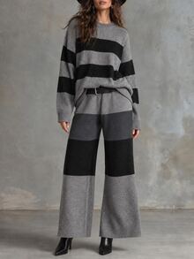 Solivie Women's Autumn/Winter Sweater 2 Pieces Set, Grey And Black Color Block Design Women Fall Winter Sweater Winter Set - Grey - View 6