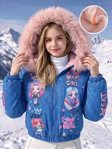 SHEIN 青少年女孩藍色冬季夾克 抓絨內裡連帽衫 K-Pop卡通圖案人造毛連帽背心 保暖寒冷天氣穿搭 - 藍色 - 查看 4