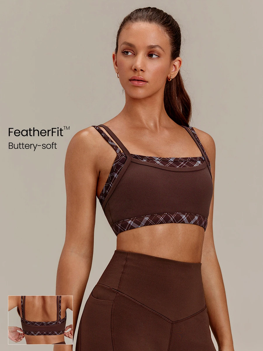 GLOWMODE FeatherFit™ 2-In-1 Removable Padding Mock 2 Piece Design Colorblock Sports Bra With Removable Anti-Slip Cups Yoga Pilates Studio Daily Wear - Brown - View 1