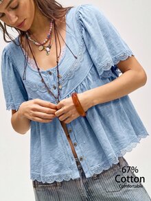 Bohemela 休閒純色針織對比蕾絲飾邊女款T恤 - 藍色 - 查看 5