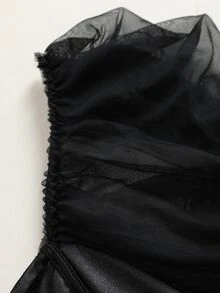 Cravure Plus Size Women's Party Date Mesh Petal Sleeve Satin Ruched Hip Short Dress, Square Neck Sheer Long Sleeve Fitted Party Mini Dress - Black - View 5