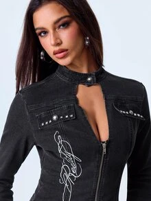 Y2Kool Women's Zipper Hollow Out Casual Daily Denim Jacket - Black - View 5