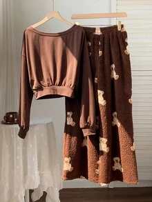 Comfortcana Women's Letter Cartoon Bear Print Sweatshirt And Waist Tie Long Pants Set - Brown - View 2