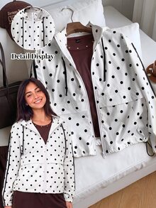 Comfortcana 女款波點圖案長袖前拉鍊連帽夾克 棕色波點 秋季休閒運動街頭風 適合公路旅行與旅遊 - 白色 - 查看 8