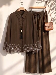 Rusticease Plus Size Vacation Embroidered Shirt And Drawstring Waist Pants 2 Pieces Set Fall - Brown - View 7