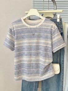 Muvela Casual Minimalist Round Neck Short Sleeve Loose Fit Women's T-Shirt - Multicolor - View 6