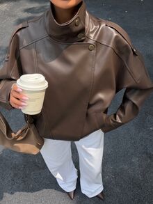 Siren Gaze Women's Solid Color PU Leather Fashion Versatile Long Sleeve Jacket - Brown - View 1