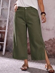 EMERY ROSE EMERY ROSE Plus Size Women's Pocket Side Slit Wide Leg Loose Casual Cropped Denim Jeans - Army Green - View 5