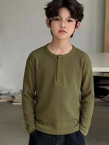Dazy Kids Tween Boy Solid Color Casual Versatile Daily Wear Long Sleeve T-Shirt - Army Green - View 1