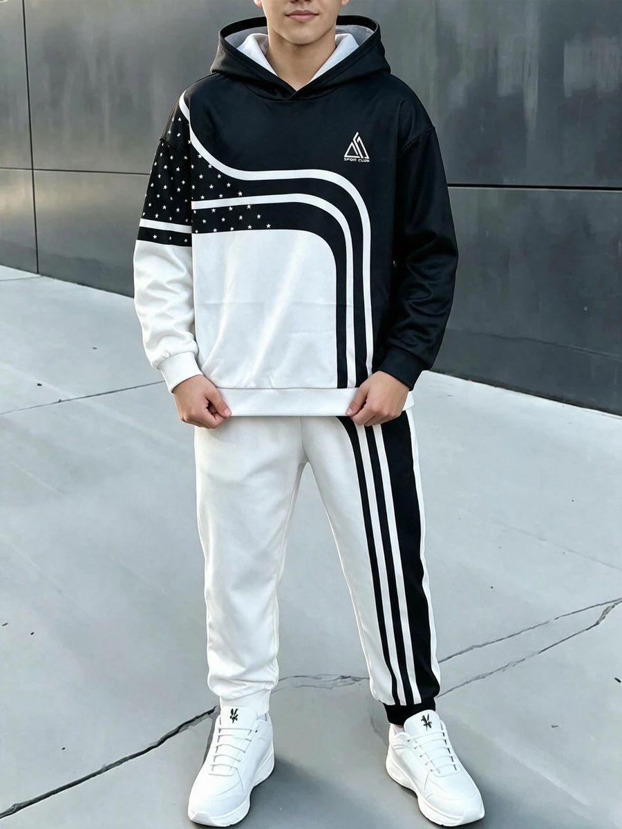 SHEIN 兒童青少年男孩休閒極簡長袖連帽舒適運動衫2件套,適合秋冬,經典酷帥漸層黑白拼色圖案印花,精緻Logo圖案印花,適合通勤、上學、日常休閒、度假、旅行、運動 - 黑與白 - 查看 1