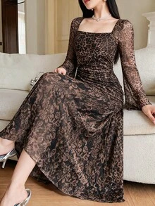 Feyla Plus Size Women's Leopard Print Casual Party Dress - Multicolor - View 7