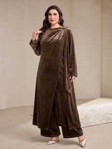 Veilorie Plus Size Women's Solid Color Long Sleeve Top And Pants Casual Daily 2 Pieces Set - Khaki - View 1