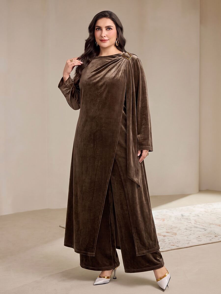 Veilorie Plus Size Women's Solid Color Long Sleeve Top And Pants Casual Daily 2 Pieces Set - Khaki - View 1