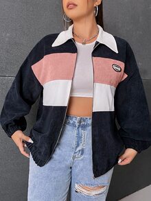 SHEIN EZwear 大尺碼拼色拉鍊外套，秋冬拼色女款外套，燈芯絨短版 Y2K 外套 - 黑與白 - 查看 4