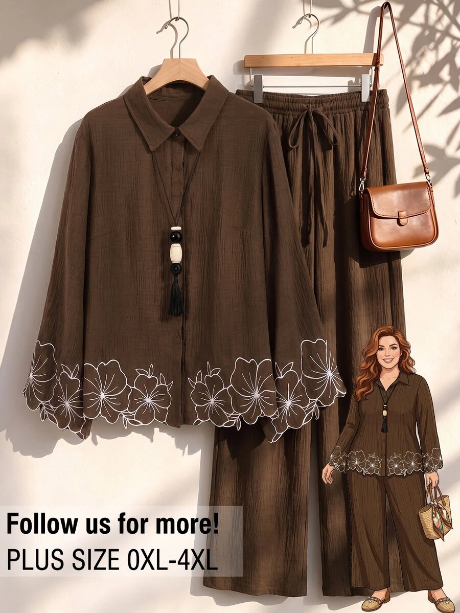Rusticease Plus Size Vacation Embroidered Shirt And Drawstring Waist Pants 2 Pieces Set Fall - Brown - View 1