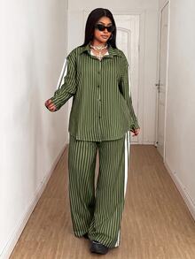 Maweii 2件組女款條紋休閒寬鬆襯衫與印花長褲套裝，通勤風格，秋冬季 - 綠色 - 查看 7