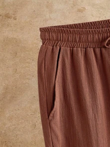 HIMLAND Celana Panjang Pria Tenun Kasual Bisnis Warna Polos - Coklat - View 5
