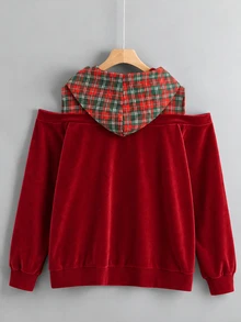 SHEIN LUNE CURVE 大尺碼時尚格紋露肩運動衫 - 紅色 - 查看 7