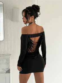 Jeanoix Women's Eyelet Design Off-Shoulder Long Sleeve Fashion Dress - Black - View 2