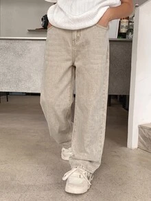 SHEIN 青少年男孩休閒日常穿著牛仔長褲，附口袋 - 卡其色 - 查看 4