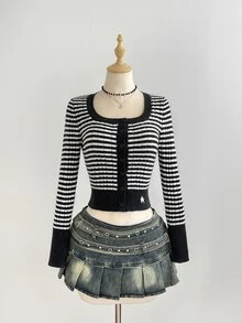 Autumina Women's Fashion Versatile Colorblock Striped Casual Commute Cardigan Sweater, Autumn/Winter - Multicolor - View 3