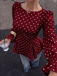 SHEIN 青少年女孩波點百褶休閒百搭日常穿著襯衫 - 酒紅色 - 查看 2