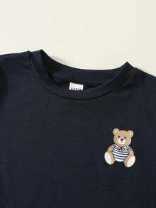 2件組小男孩幼童熊圖案長袖圓領上衣與條紋鬆緊腰長褲套裝，百搭舒適 - 彩色 - 查看 4