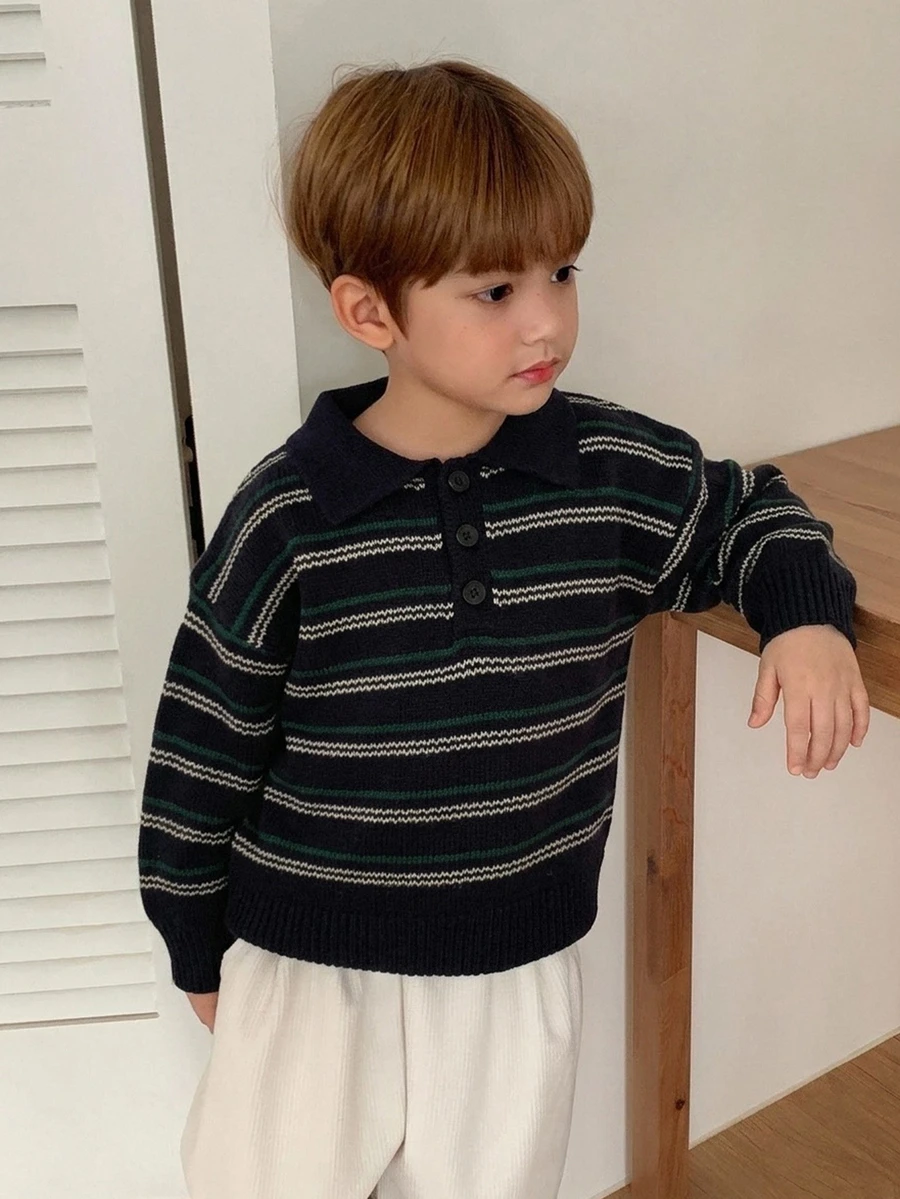 Hapijoa Sweater Rajut Tebal Garis Kontras Kerah POLO untuk Anak Laki-laki (Ukuran Kecil), Lapisan Dalam Dasar, Musim Gugur/Dingin - Navy Blue - View 1
