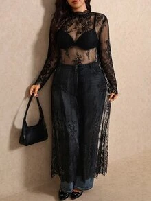 Elaquor Đầm thời trang nữ size lớn cổ đứng tay dài ren xuyên thấu - màu đen - Xem 5