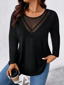 EMERY ROSE Plus Size Women's T-Shirt, Elegant Sexy Casual Minimalist Commuter Versatile Round Neck Lace Mesh Patchwork Design Long Sleeve, Suitable For Spring And Autumn - Black - View 7