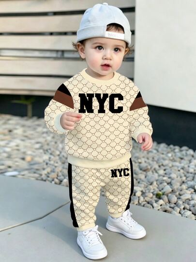 1 Set New Autumn Boys Crew Neck Long Sleeve Sweatshirt & Pants Outfit, All-Over Rhombus Pattern With Eye-Catching NYC Logo, Contrast Color Patchwork Sleeves For Cool Vibe, Stylish Casual Versatile, Suitable For School, Outings, Holidays, Multi-Scenario Wear, Photo-Ready, Premium Boys Clothing, Perfect Baby Boy Gift