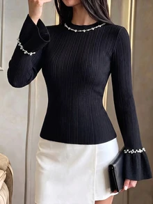 Modelyn Women's Black Beaded Slim Fit Autumn/Winter Sweater - Black - View 4