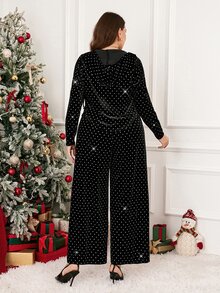 Easowa Curve Plus Size Women Rhinestone Zipper Front Hooded Sweatshirt And Pants Casual Party 2 Pieces Set - Black - View 2