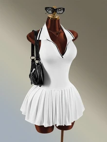 Amplova Women's Striped Colorblock Pleated Dress And Shorts Sportswear Set - White - View 5