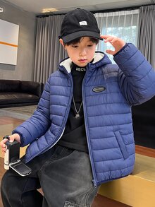 兒童青少年男孩休閒連帽前開襟長袖梭織冬季外套派克大衣，適合通勤、上學、日常休閒、度假旅行與運動，適用秋冬季節，黑色 - 藍色 - 查看 3